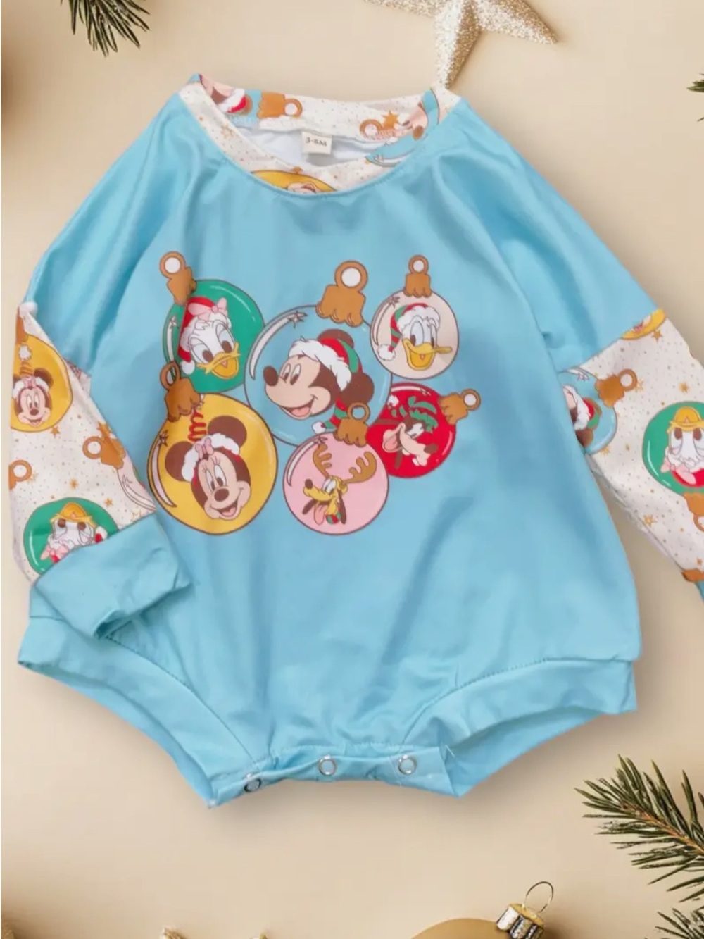 Blue Mickey & Friends Ornament Print One-Piece Long Sleeve Romper NIP